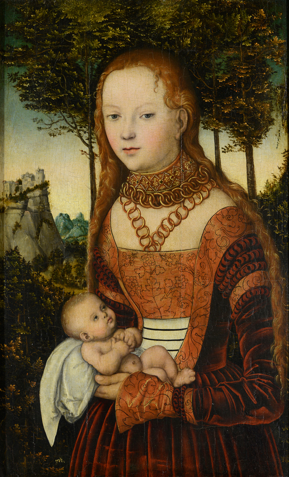 Lucas Cranach d. Ä.: Junge Mutter mit Kind (sog. "Buße des heiligen Johannes Chrysostomos"), um 1525, Mischtechnik auf Rotbuchenholz, übertragen auf Leinwand und Sperrholz, Wartburg-Stiftung Eisenach, Foto: Wartburg-Stiftung Eisenach Fotothek