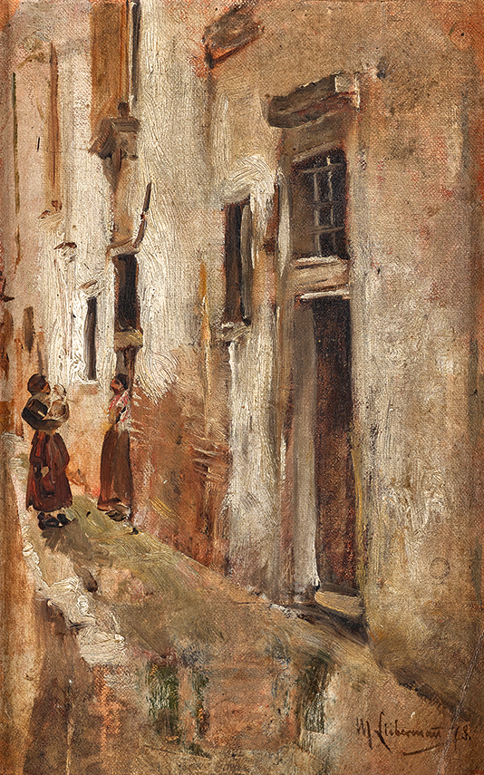 Max Liebermann: Venezianische Gasse nach links, 1878, Öl auf Leinwand auf Pappe, 26,5 x 17,6 cm, Kulturstiftung Sachsen-Anhalt, Kunstmuseum Moritzburg Halle (Saale), Leihgabe der Sammlung Bönsch, Foto: Punctum/Bertram Kober